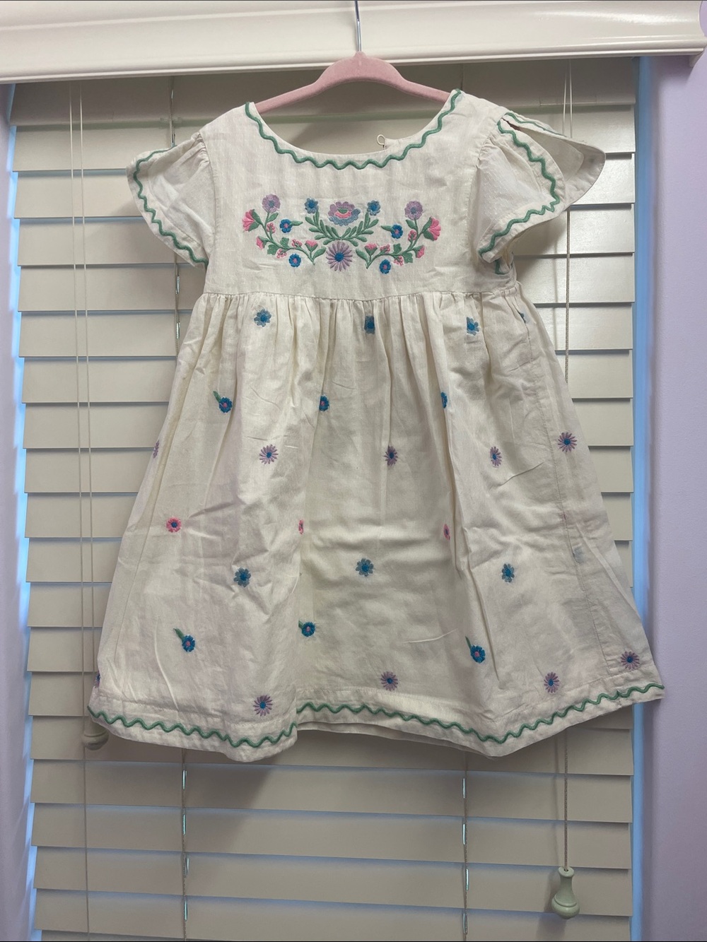 Mini Boden Cream Dress with Blue, Pink, and Green Embroidery
